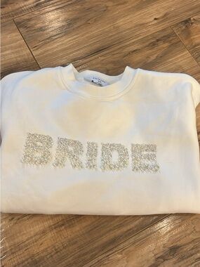 Primark White Crewneck Sweatshirt with Pearl & Rhinestone BRIDE Detail